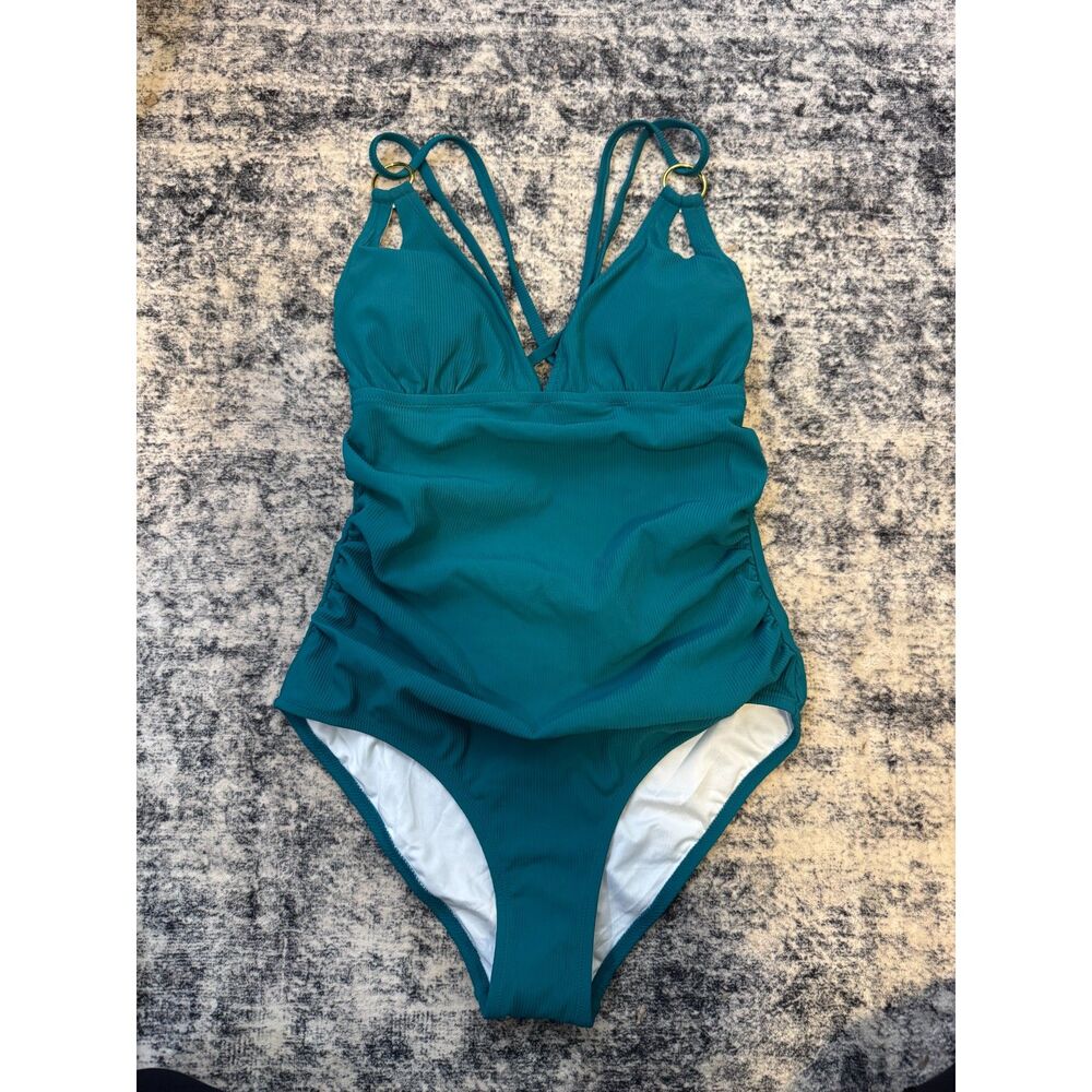 NWT Charmo Teal Ribbed O-Ring Crisscross Maternity One-Piece Swimsuit M